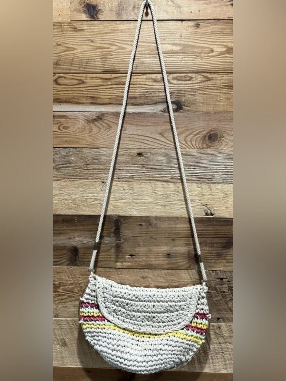 Vintage Made Italy straw weave 90s shoulder bag metal ecru stripe street party
